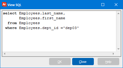 The view s q l window with the completed query.